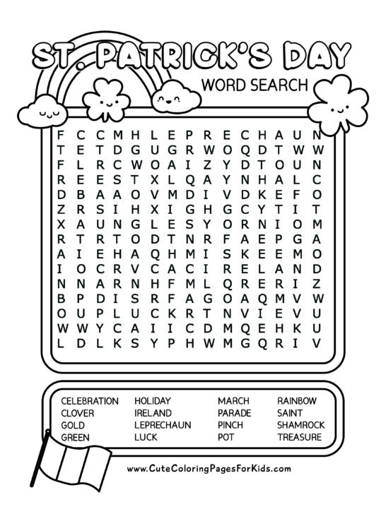 St. Patrick's Day word search full page with 16 words, and drawings of a clover, rainbow, and Ireland flag