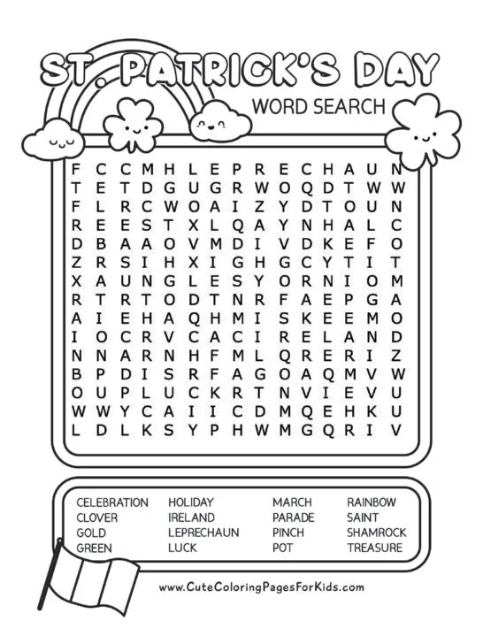 St. Patrick's Day word search full page with 16 words, and drawings of a clover, rainbow, and Ireland flag