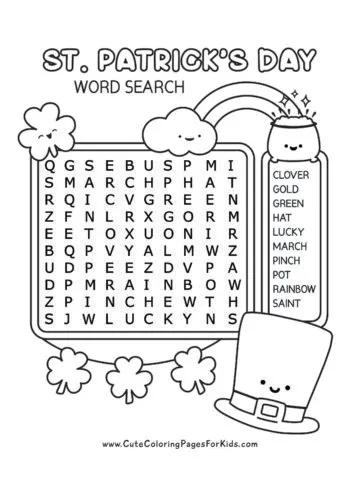 St. Patricks Day word search puzzle in black and white with cute characters decorating the page