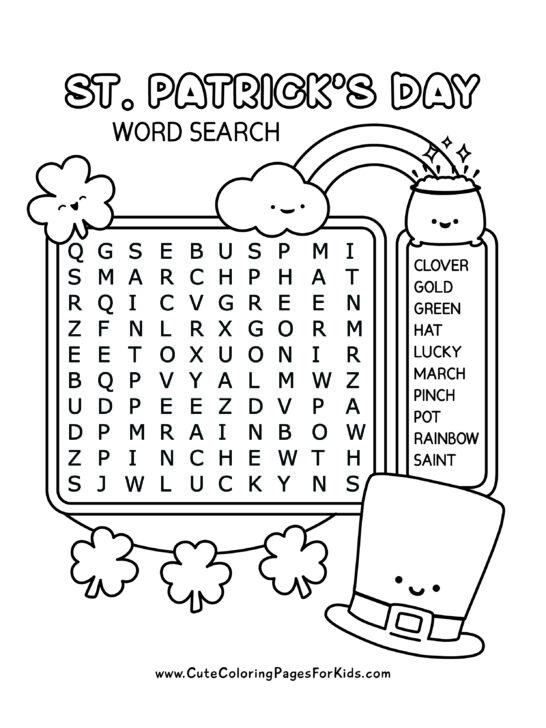 St. Patricks Day word search puzzle in black and white with cute characters decorating the page