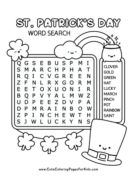 Easy St. Patricks Day word search puzzle in black and white with cute characters decorating the page