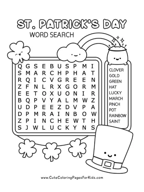 Easy St. Patricks Day word search puzzle in black and white with cute characters decorating the page