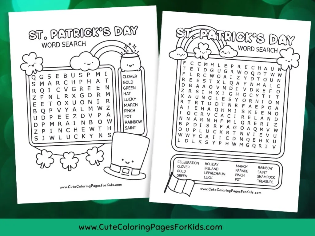 St. Patrick's Day word search puzzle sheets on a green background