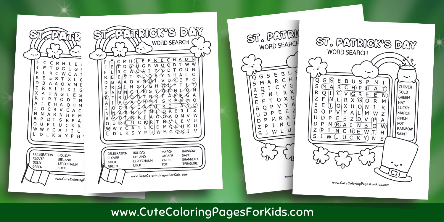 St. Patrick's day word search sheets with their answer sheets on a green background