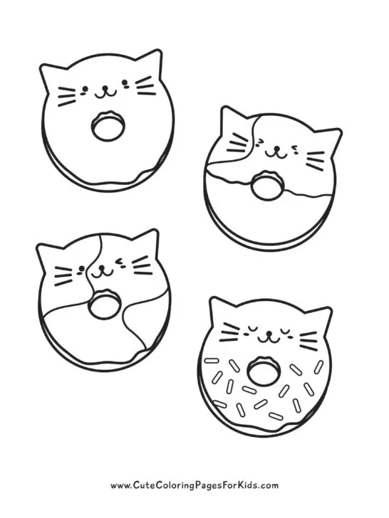 coloring sheet with a variety of kitty shaped donuts