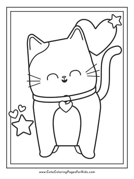 cute kitty with hearts and stars coloring sheet