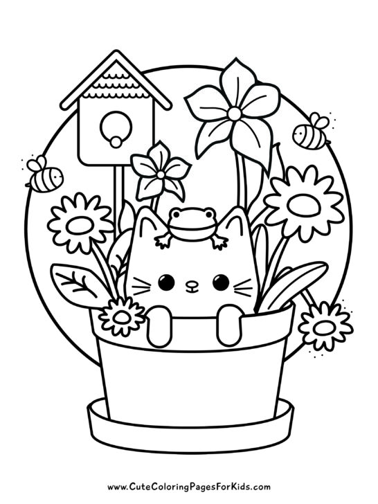 coloring page of a cute kitten inside of a flower pot with a frog on top of the kitten's head and flowers, bees, and a birdhouse surrounding it.