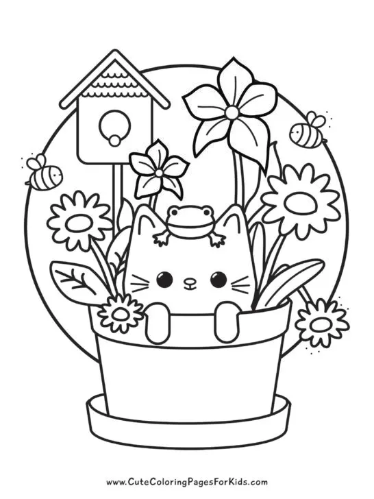 coloring page of a cute kitten inside of a flower pot with a frog on top of the kitten's head and flowers, bees, and a birdhouse surrounding it.
