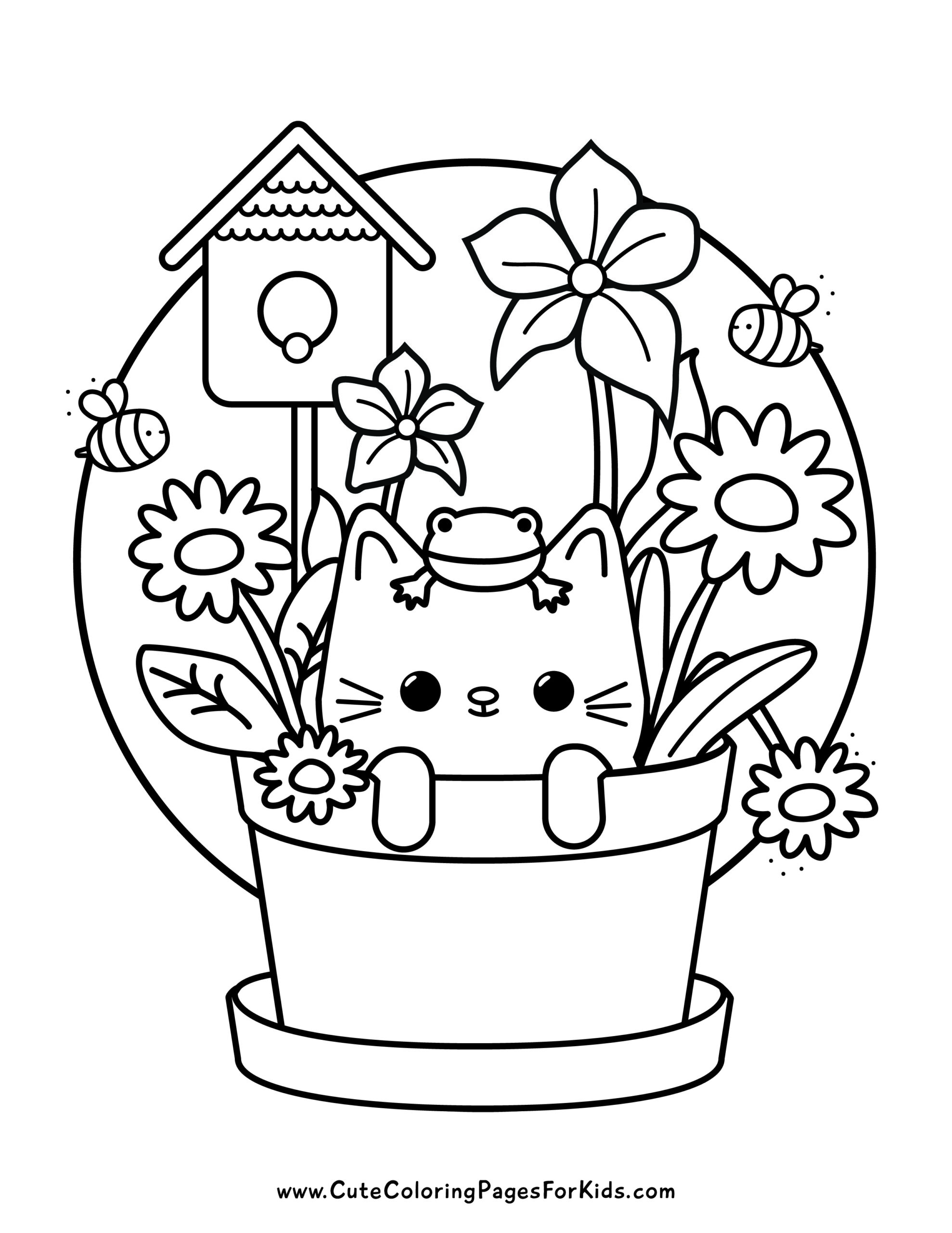 A cute kitten in the flower pot with coloring pages, the top of the kitten's head and flowers, the bees and the surrounding birdhouse.