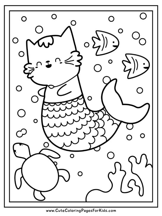 mermaid kitty full page coloring sheet with lots of bubbles, two fish, and a turtle