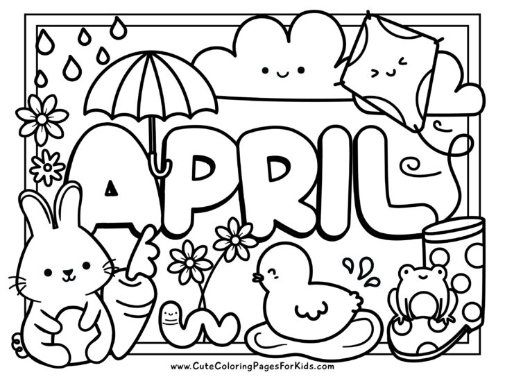 April coloring sheet with clouds, rain, bunny, duckling, boot, frog and more April themed elements