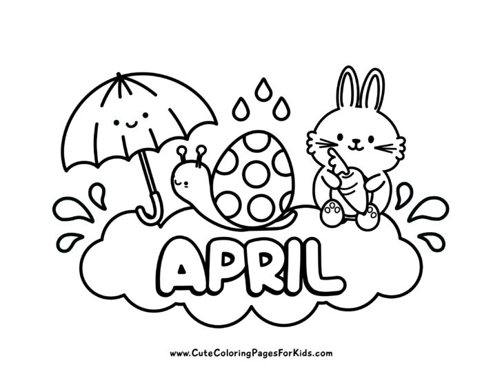 Coloring page with line drawings of a cute bunny, an umbrella, a snail carrying a decorated egg, and the word April.
