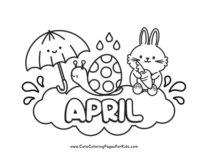 Coloring page with line drawings of a cute bunny, an umbrella, a snail carrying a decorated egg, and the word April.