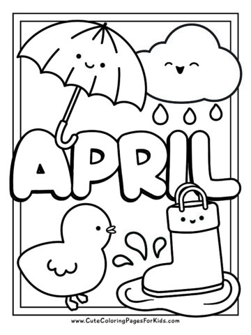 Simple April coloring sheet with a rain cloud, a happy umbrella, a rain boot in a puddle, and a duckling