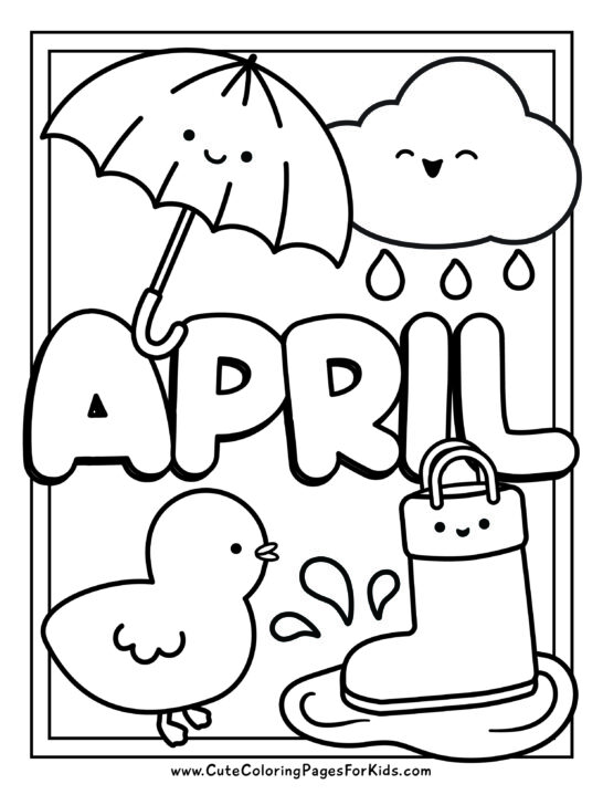 Simple April coloring sheet with a cute rain cloud, a happy umbrella, a rain boot in a puddle, and a duckling