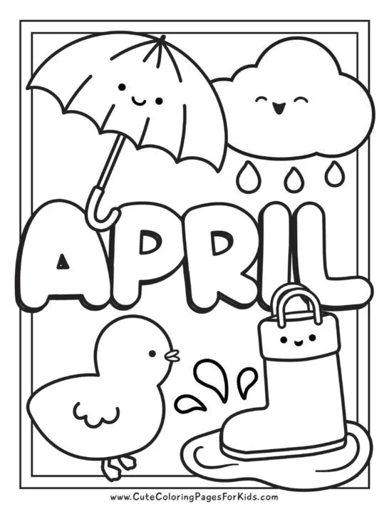 Simple April coloring sheet with a cute rain cloud, a happy umbrella, a rain boot in a puddle, and a duckling