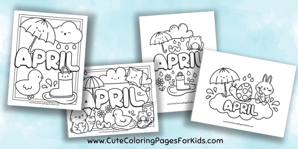four April coloring pages on a blue watercolor background