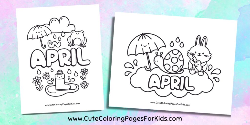 Two April coloring pages on a purple and blue watercolor background