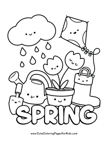 Cute spring coloring page with kawaii characters of a cloud, a kite, a pot with tulips, rain boots, and a watering can with the word SPRING.