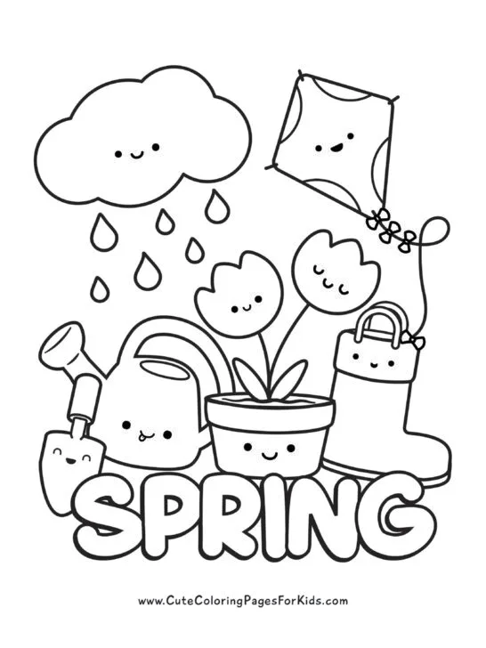 Cute spring coloring page with kawaii characters of a cloud, a kite, a pot with tulips, rain boots, and a watering can with the word SPRING.