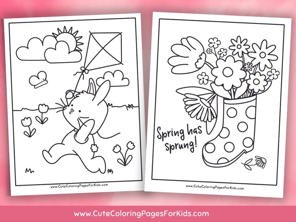 two spring coloring sheets with a bunny flying a kite and a boot holding flowers