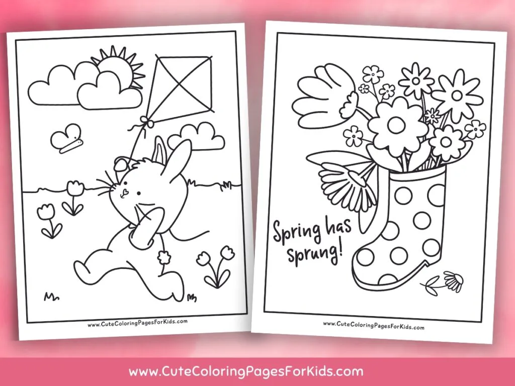 two spring coloring sheets with a bunny flying a kite and a boot holding flowers