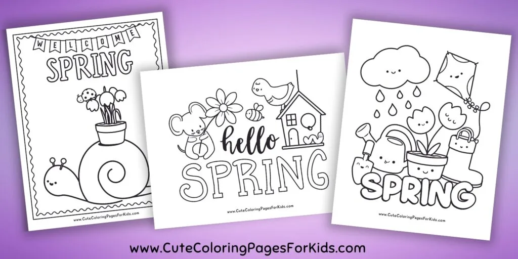 three spring coloring sheets with cute animals and spring-themed characters