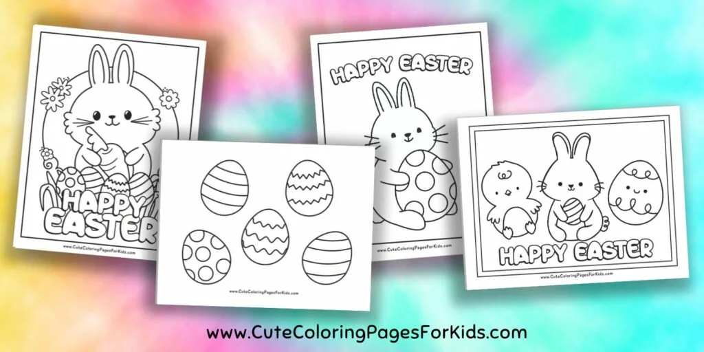 Four Easter coloring pages with bunnies and Easter eggs on a pastel, tie-dyed background