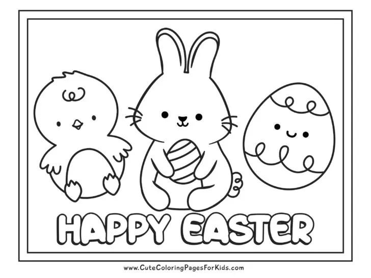 Happy Easter coloring page with cute chick, bunny holding egg, and egg with smiley face