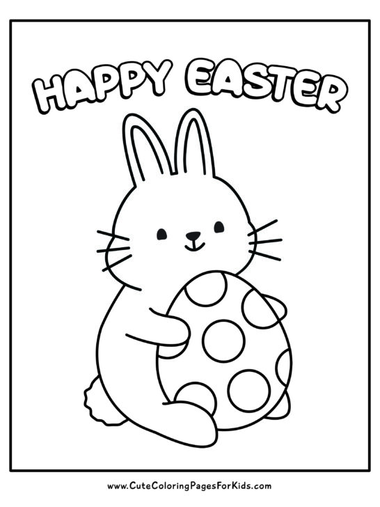 Simple coloring page for Easter with a bunny holding a polka-dot egg and the words Happy Easter