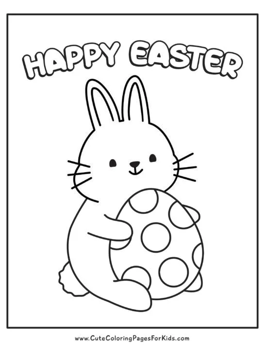 Simple coloring page for Easter with a bunny holding a polka-dot egg and the words Happy Easter