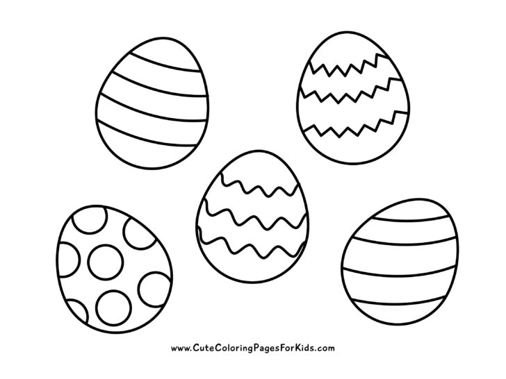 coloring page with five Easter eggs with different designs of lines and dots