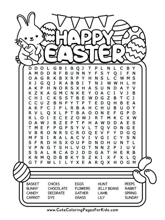 Easter themed word search puzzle sheet in black and white with 20 words and happy winter cartoon characters