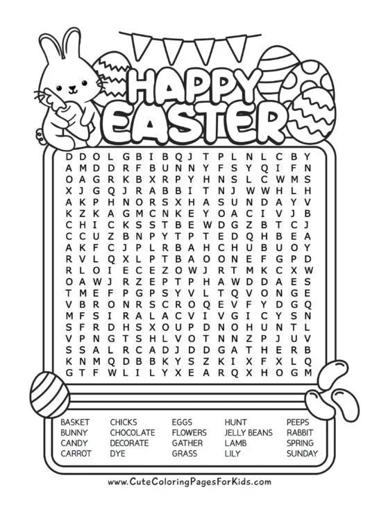 Easter themed word search puzzle sheet in black and white with 20 words and happy winter cartoon characters