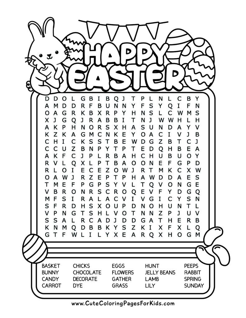 Easter themed word search puzzle sheet in black and white with 20 words and happy winter cartoon characters
