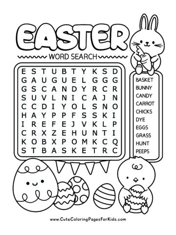 Easter word search with 10 words and cute Easter-themed characters and elements (such as a bunny, a chick, and eggs) for kids to color