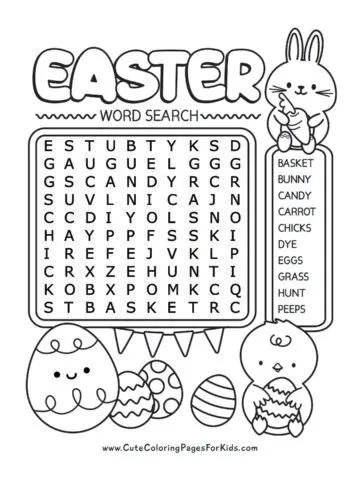 Easter word search with 10 words and cute Easter-themed characters and elements (such as a bunny, a chick, and eggs) for kids to color