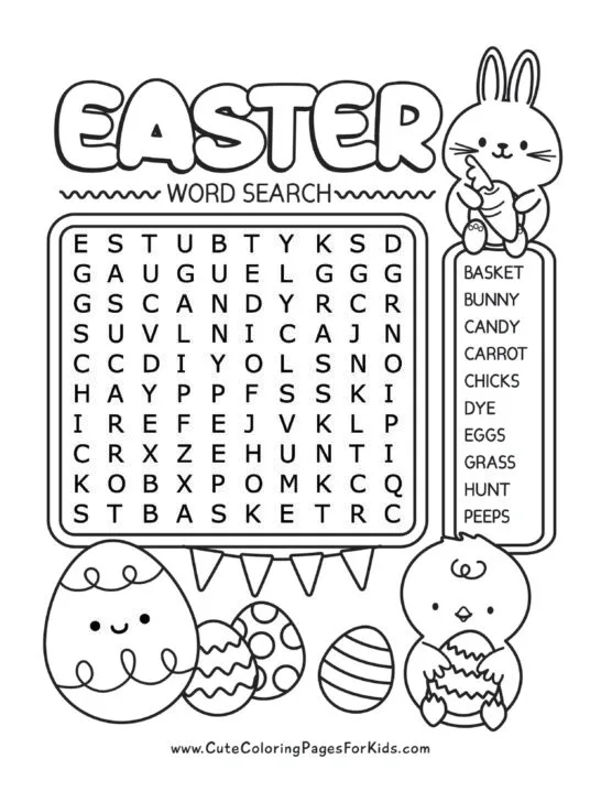 Easter word search with 10 words and cute Easter-themed characters and elements (such as a bunny, a chick, and eggs) for kids to color