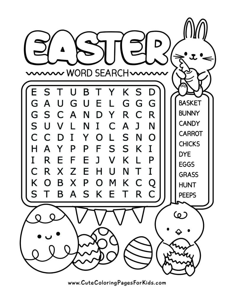 Easter word search with 10 words and cute Easter-themed characters and elements (such as a bunny, a chick, and eggs) for kids to color