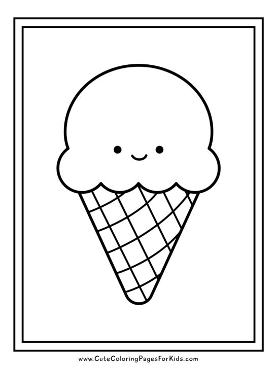basic ice cream cone coloring page with a cute, smiling ice cream cone