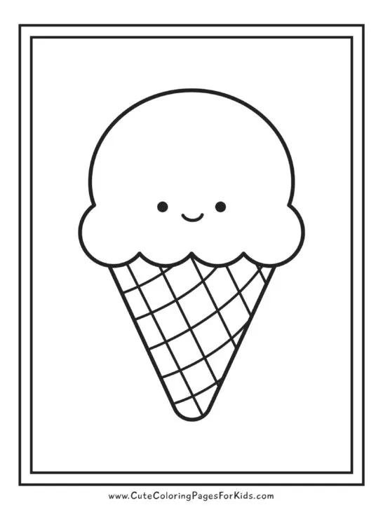 basic ice cream cone coloring page with a cute, smiling ice cream cone