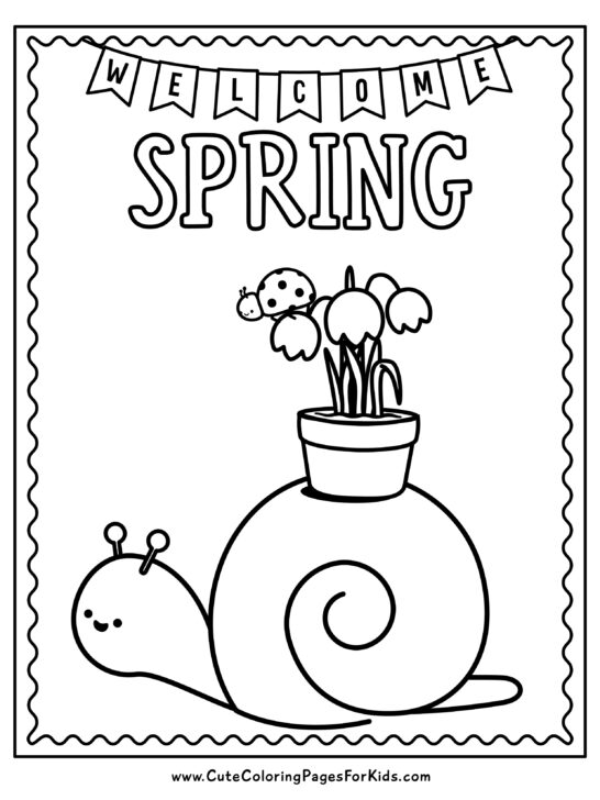 Welcome Spring coloring sheet with snail carrying a pot of snowdrop flowers and a ladybug riding on top