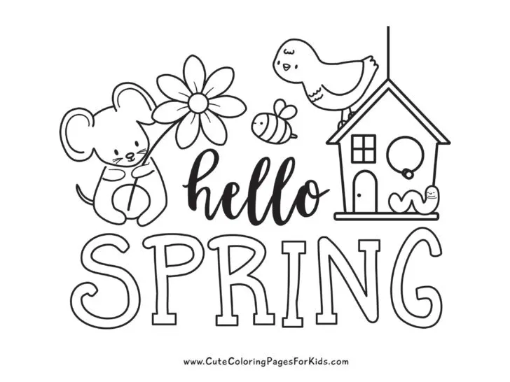 hello spring coloring sheet with mouse holding a flower and a birdhouse with a cute bird on top and a worm on the bottom