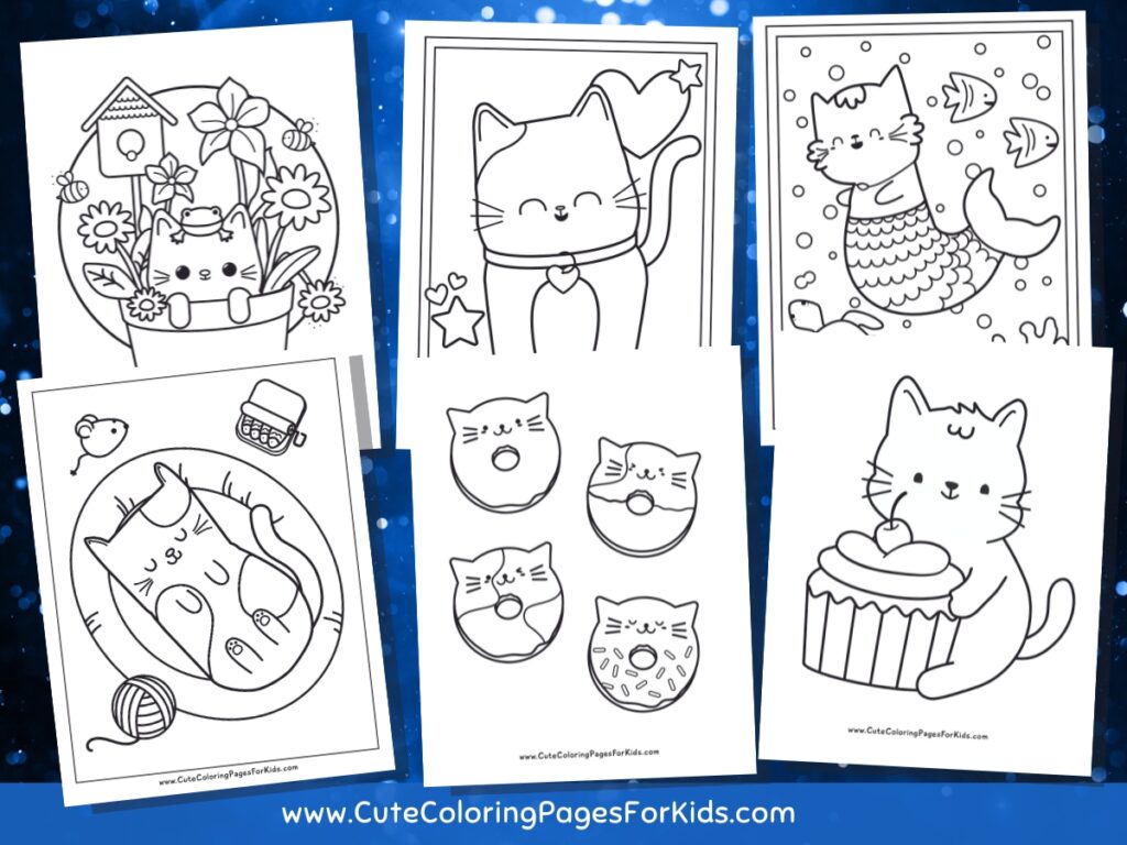 six coloring pages featuring cats and kittens with a blue sparkly background