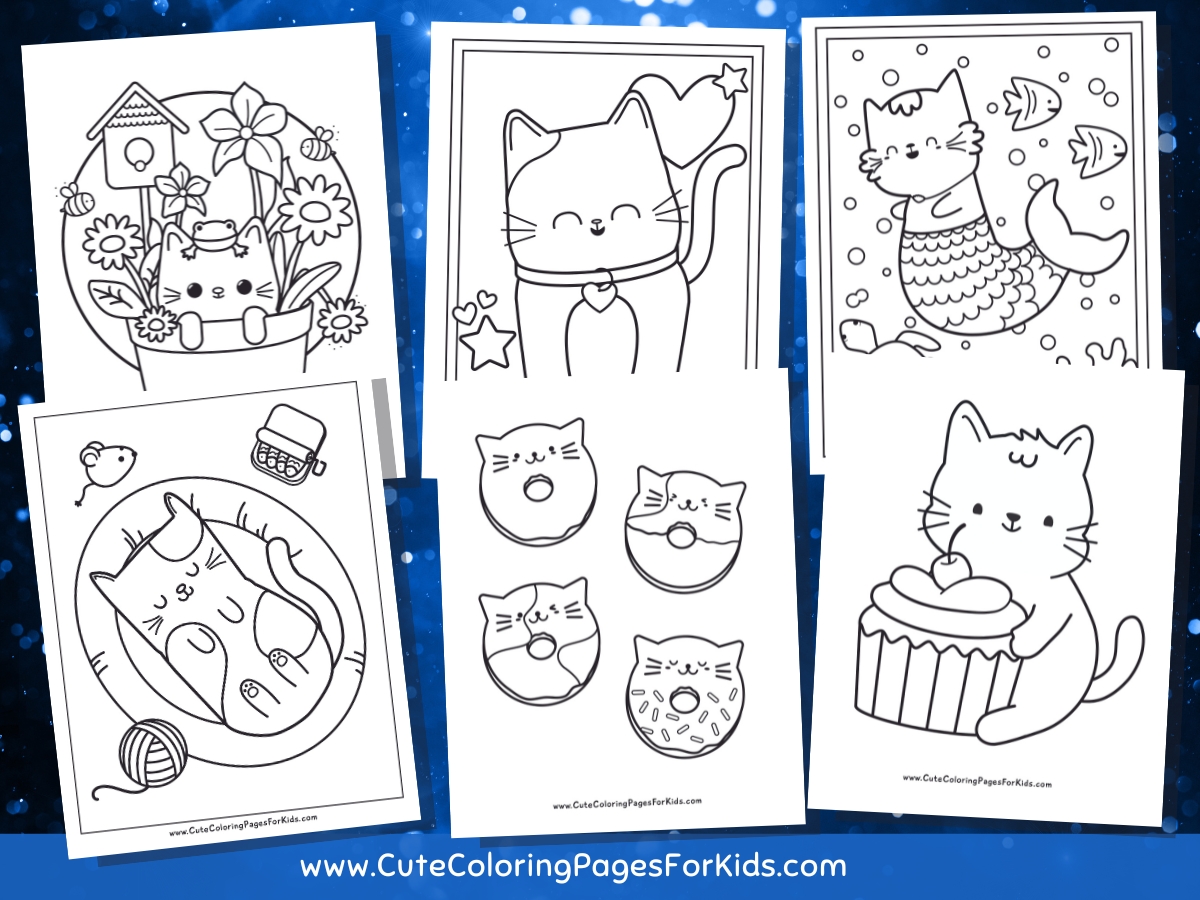Six coloring pages with cat and kitten with blue glittering background