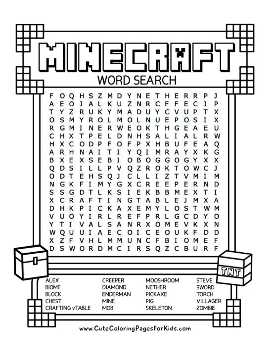 Minecraft word search activity sheet in black and white with a block border and drawings of a chest and TNT block.