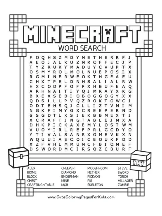 Minecraft word search activity sheet in black and white with a block border and drawings of a chest and TNT block.