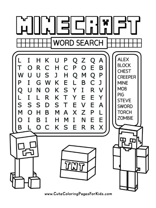 Minecraft word search with drawings of Minecraft characters of a creeper, Steve, and a TNT block.
