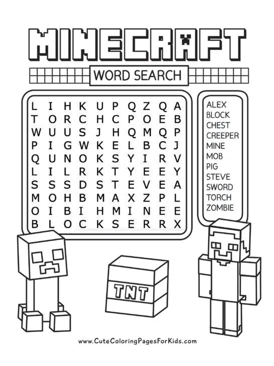 Example of easy Minecraft word search with drawings of Minecraft characters of a creeper, Steve, and a TNT block.