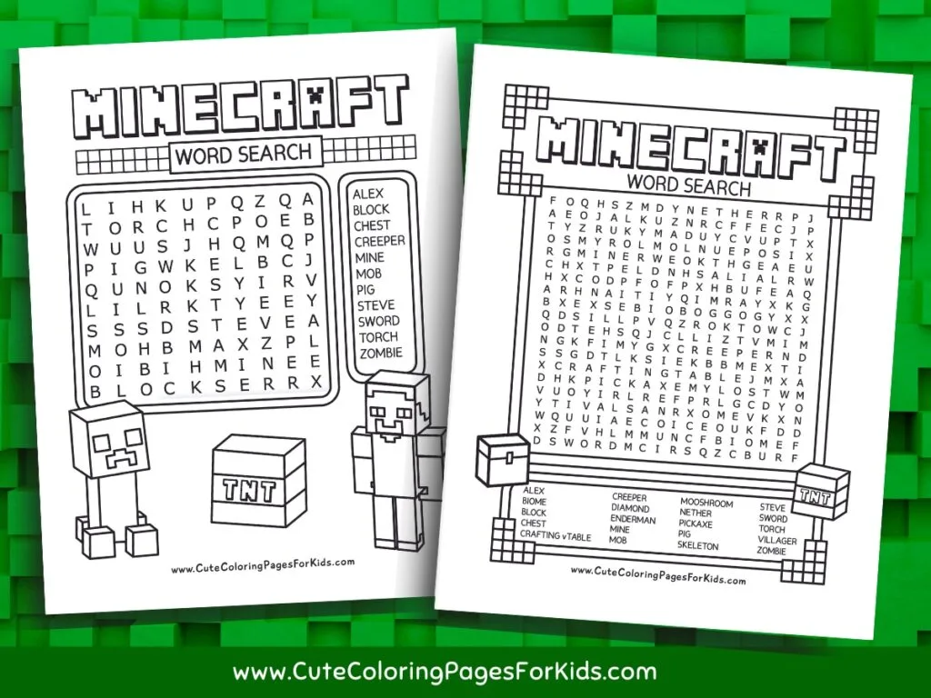 Two Minecraft word search puzzle sheets in black and white on a green block background.